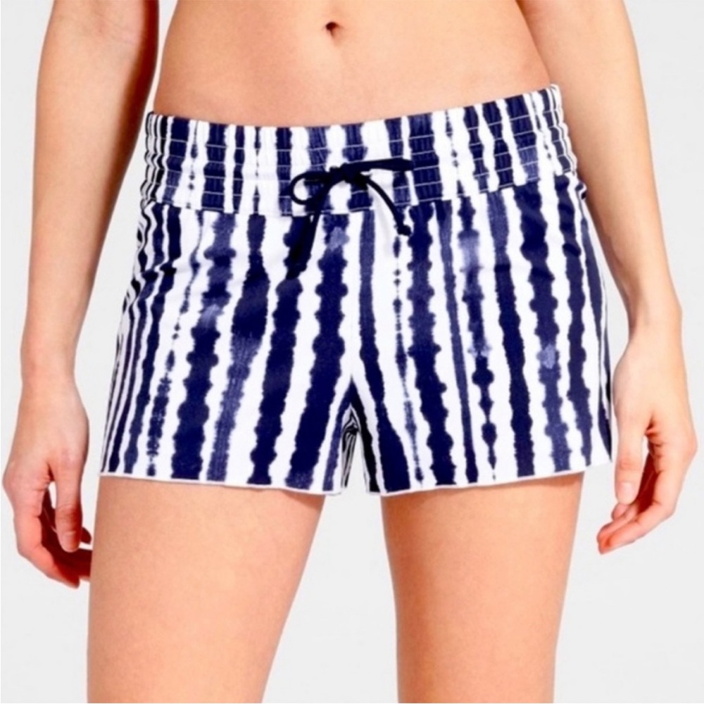 Athleta Wave Break Smocked Swim Shorts Navy White Stripe Size L